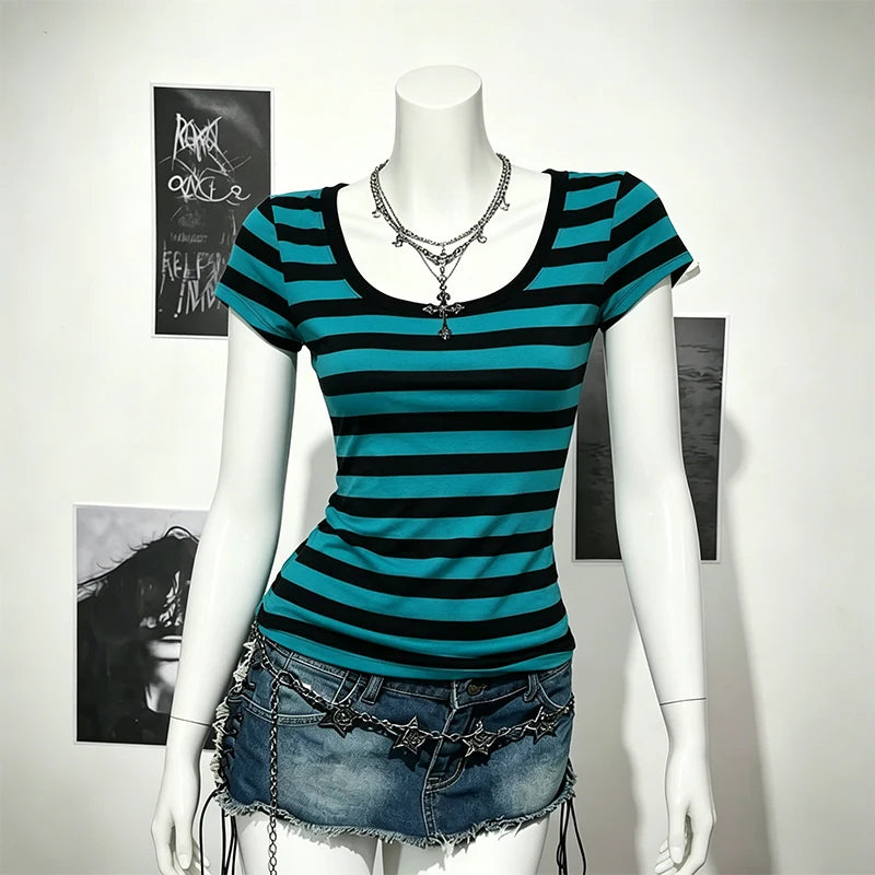 Y2K Striped Short Sleeve Summer Casual T-Shirt for Women