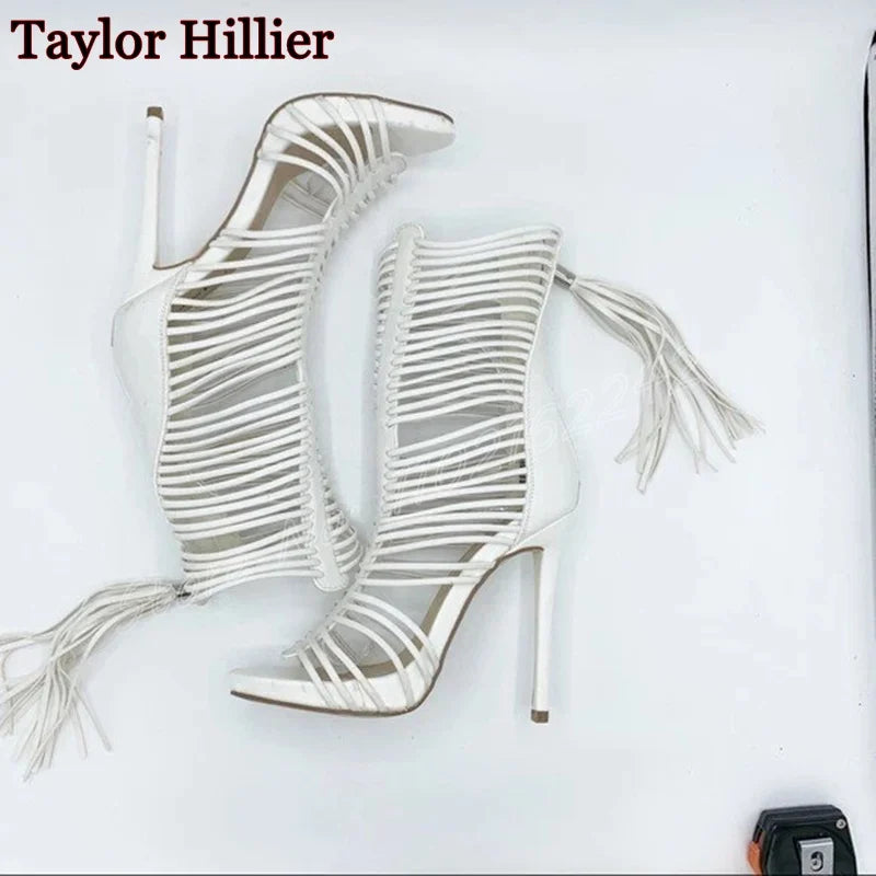 Hollow Tassel Open Toe Stiletto Mid-Calf Boots for Women