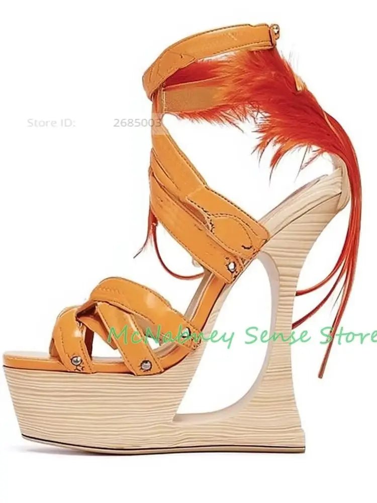 Feather Detail Cutout Strappy Wedge Sandals with Buckle Strap for Women