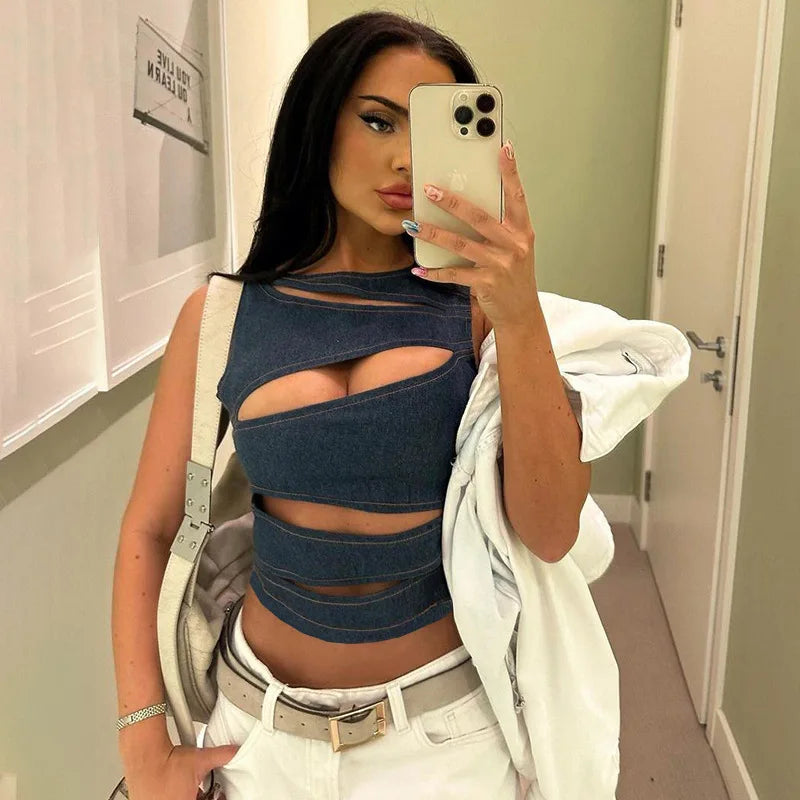 Talenza Women's Sleeveless Round Neck Vest Summer Solid Color Hollow Slim Vest Top Fashion Sexy Streetwear Women's Slim Vest Top