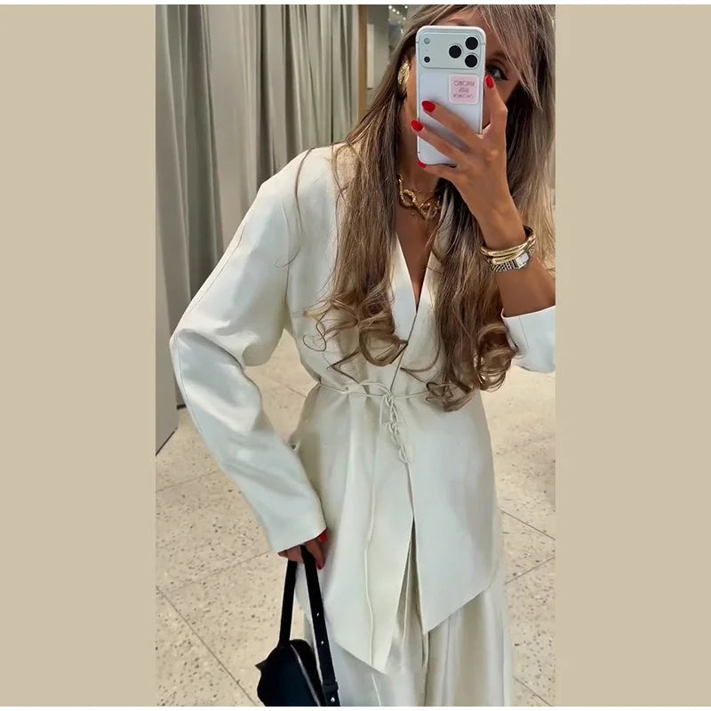 Lace Up Jacket and Wide Leg Pants Suit Set for Women