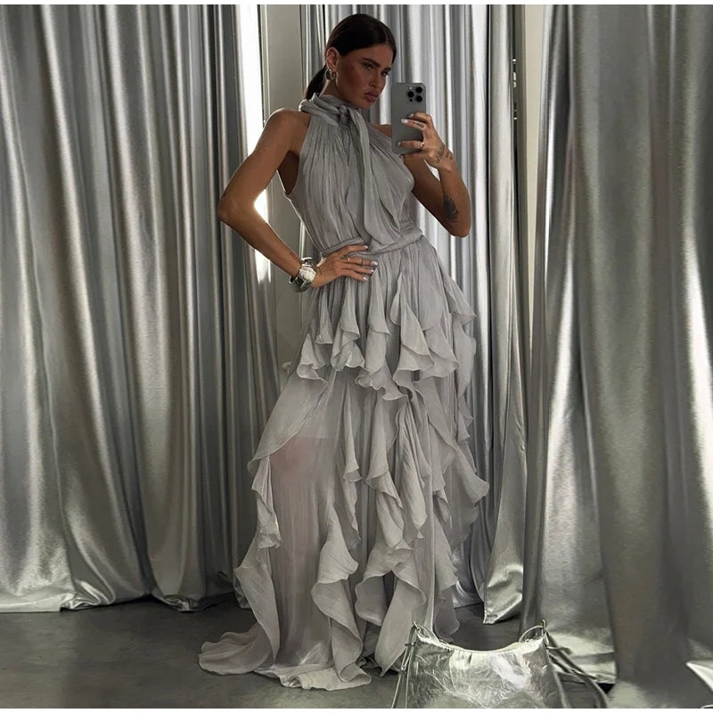 Cascading Ruffle Pleated Maxi Dress with Lace Up for Women