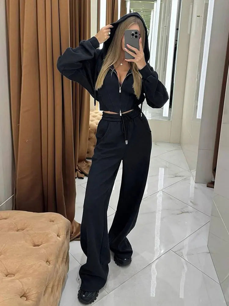 Zip Up Corset Hoodie And Wide Leg Sweatpants Two Piece Set For Women