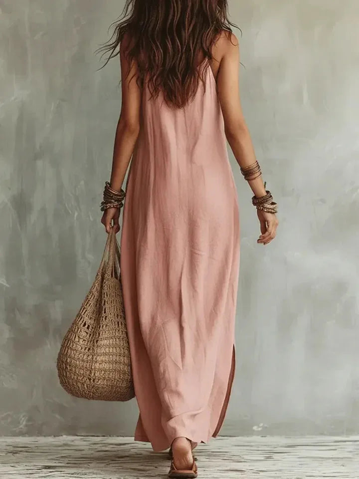 Spaghetti Strap V Neck Front Button Pocket Linen Maxi Dress for Women