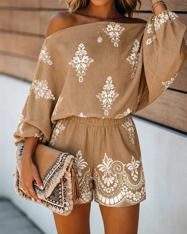 Vintage Floral Off Shoulder Top and Shorts Set for Women
