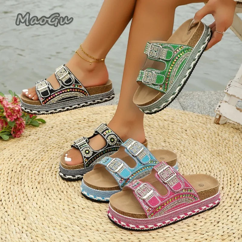 Bohemian Rhinestone Embroidered Platform Sandals For Women