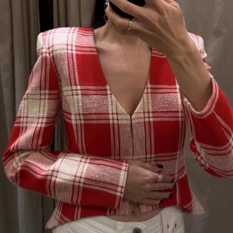 Elegant Plaid Long Sleeve V-Neck Single Breasted Jacket for Women