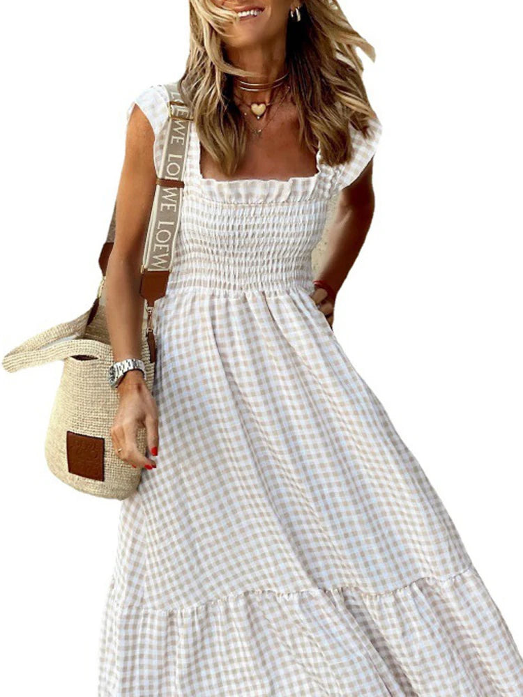 Flowy Plaid Backless Maxi Dress with Elastic Waist for Women