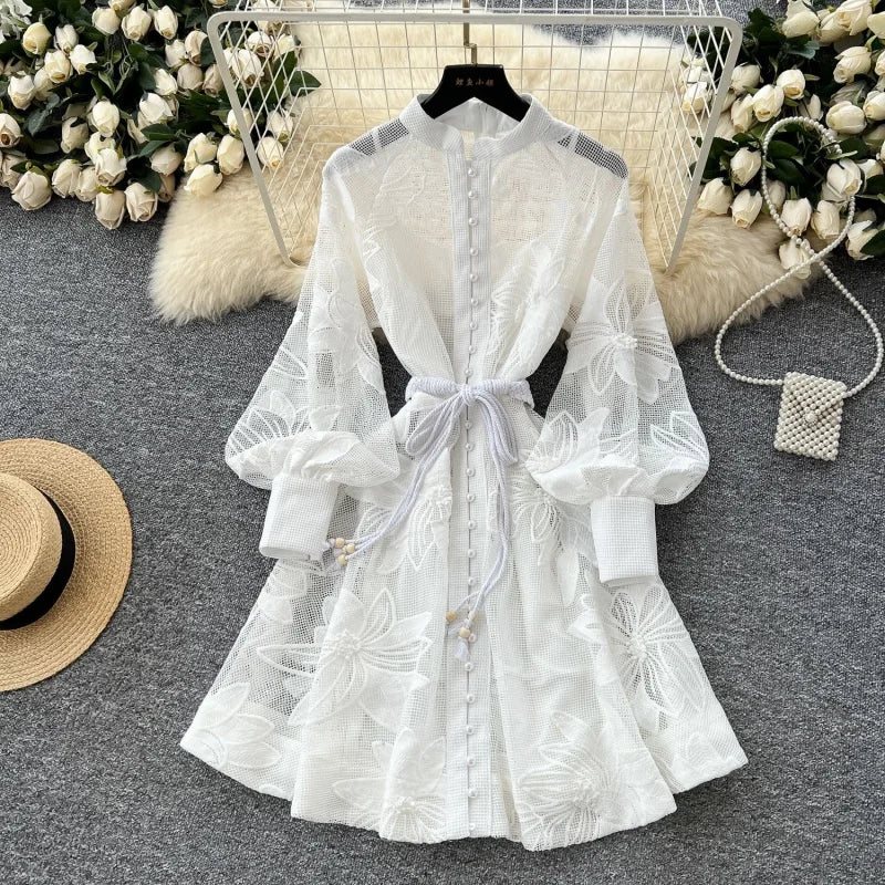 Elegant Embroidered Lantern Sleeve Midi Dress for Women