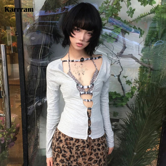 Karrram Japanese Y2k Hollow Out T-shirt 2000s Aesthetics Long Sleeve Beaded Tops Vintage Harajuku Sexy Streetwear American Retro