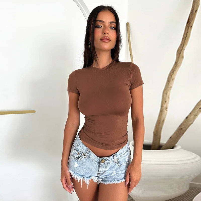Casual Stretchy Short Sleeve O Neck T Shirt for Women