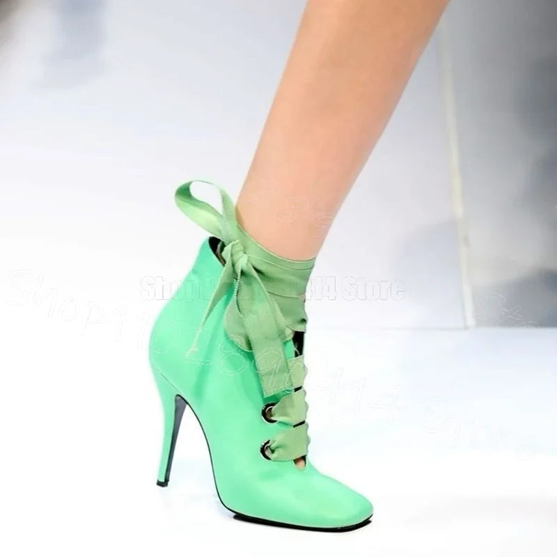 Elegant Green Square Toe Strappy Lace Up Ankle Boots For Women