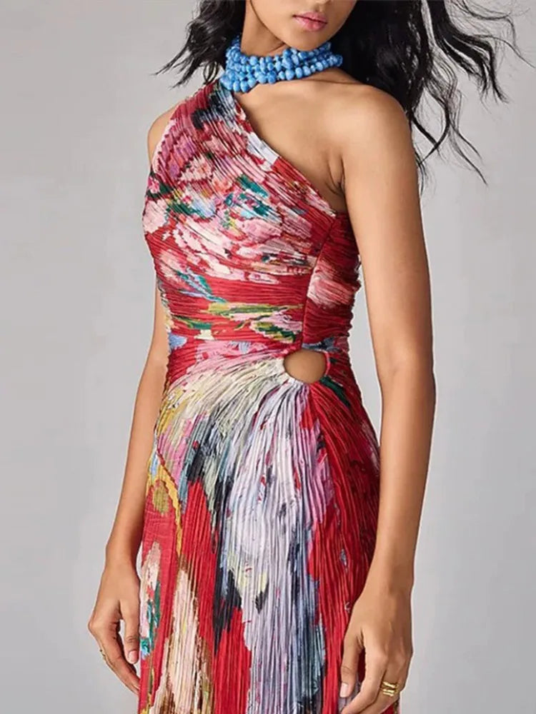 Printed Slanted Shoulder Sleeveless Maxi Dress for Women