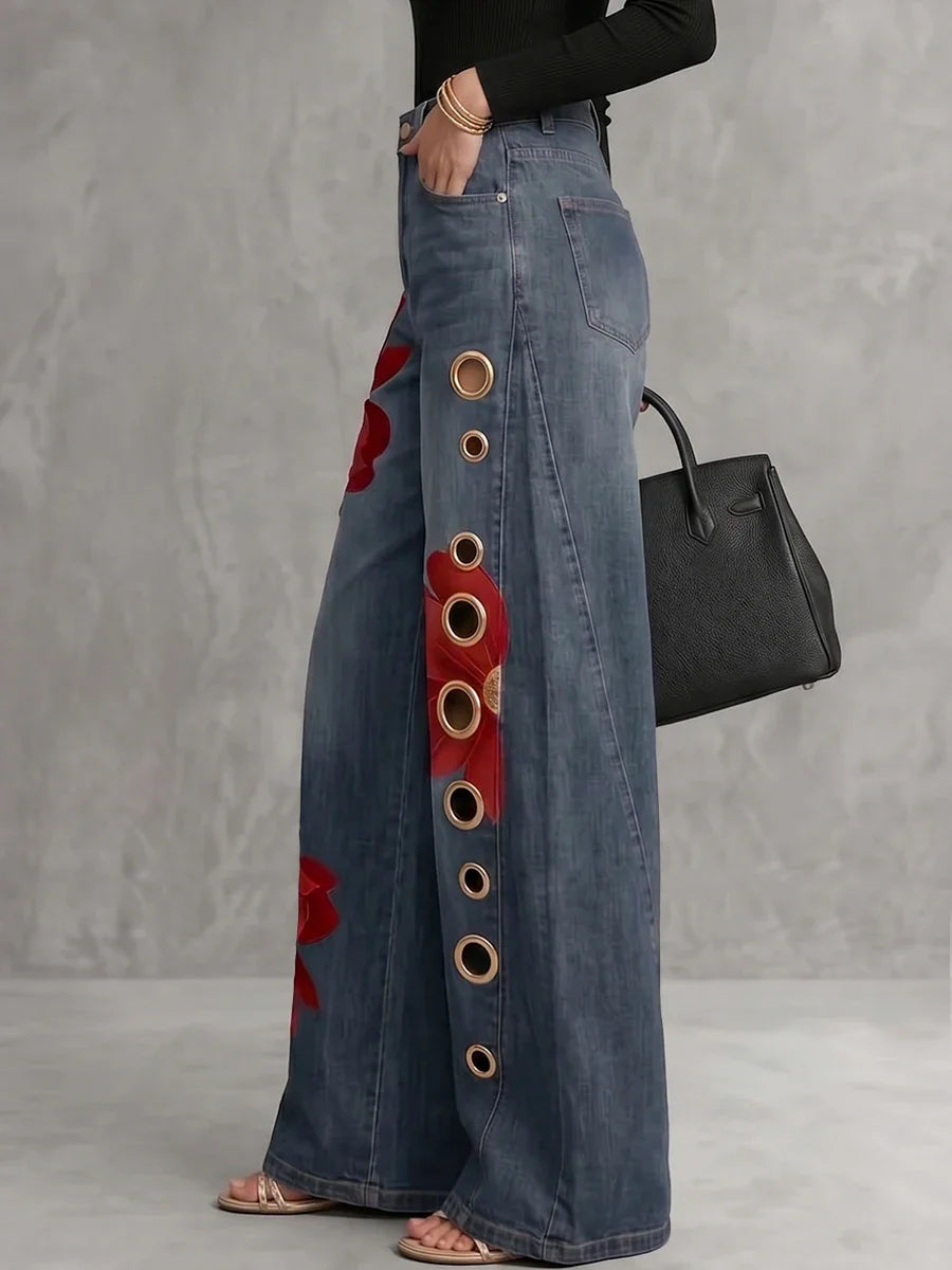 Bonboho Women High Waist Flower Print Wide Leg Floor Length Jeans 2026 Vintage Blue Denim Palazzo Jeans with Metal Eyelet Cutout