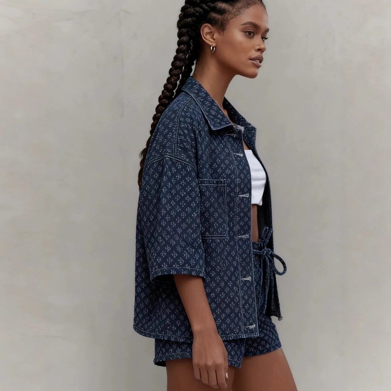 Casual Two-Piece Denim Set With Lace-Up Shorts for Women
