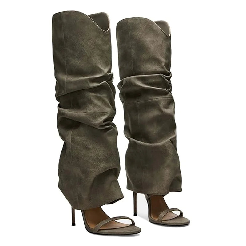 Pointed Toe Knee High Thin Heel Leather Boots for Women