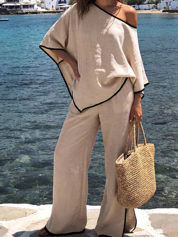Asymmetrical Bat Sleeve Top And Pants Set for Women