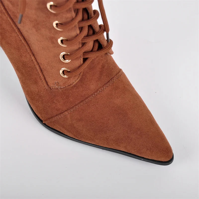 Pointed Toe Lace Up Stiletto Mid Calf Boots for Women