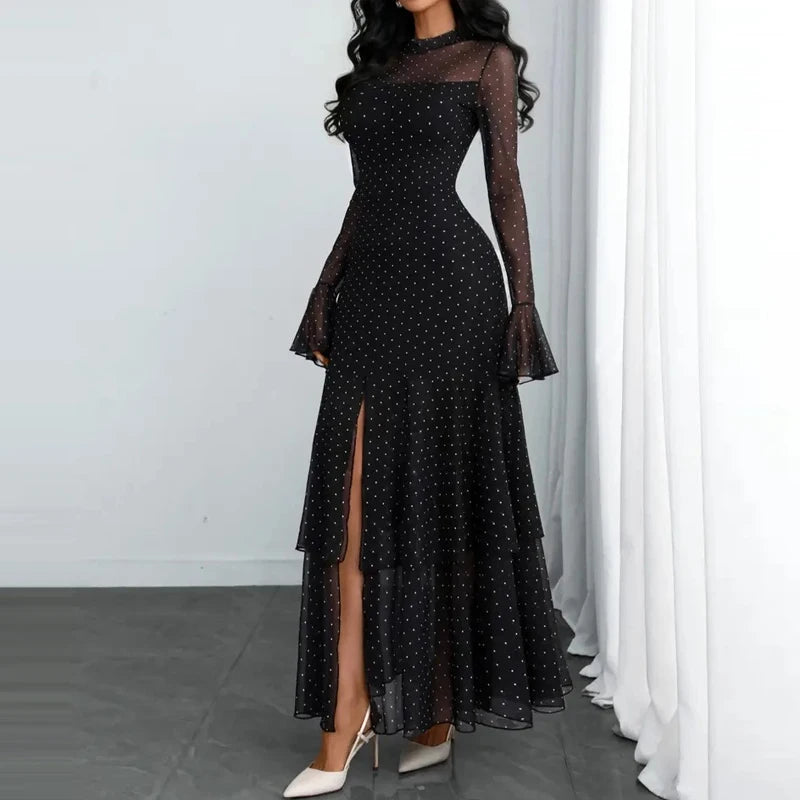 Pleated Polka Dot Ruffle Sleeve Maxi Dress for Women