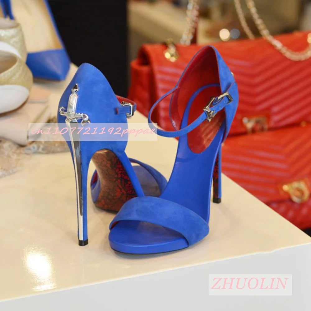 Blue Suede Metallic Sword-Shaped High Heels for Women