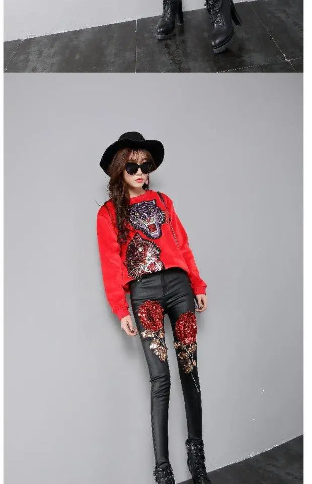 2025 Spring and Autumn Women's Leather Pants New Rose Sparkle Slim Fit Small Leg Pants Women's Bottom and Outer Wear