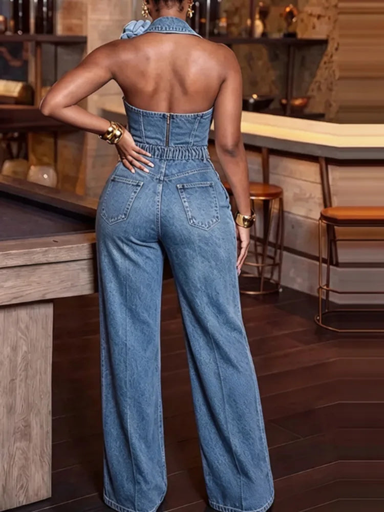 Halter Neck Denim Wide Leg Two Piece Set