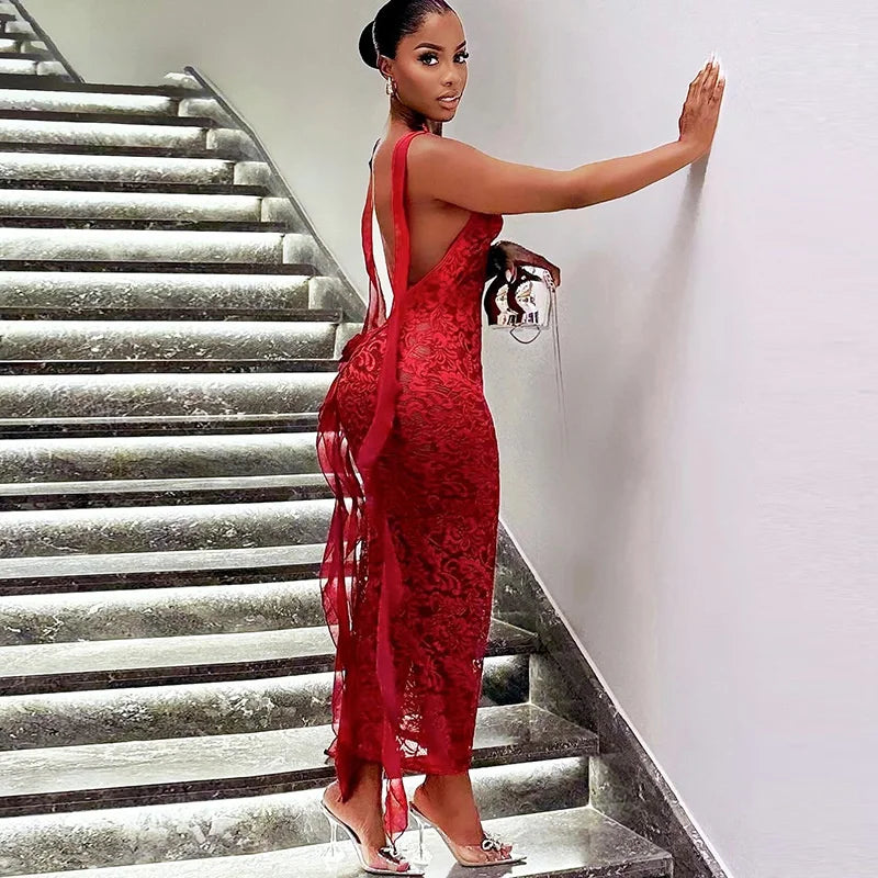 Elegant Floral Lace Backless Tassel Dress for Women