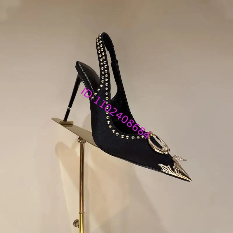 Design Women High Heel Metal Toe Embroidered High Heel Shoes Sexy Lady High Heel Gold Pointed Metal Toe Slingback Stilettos