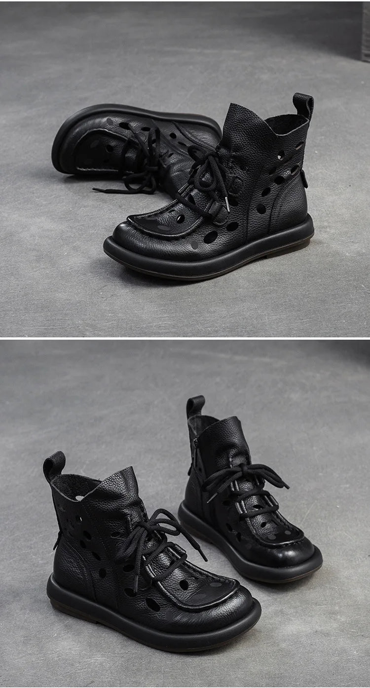 Breathable Hollow-Out Genuine Leather Ankle Boots for Women