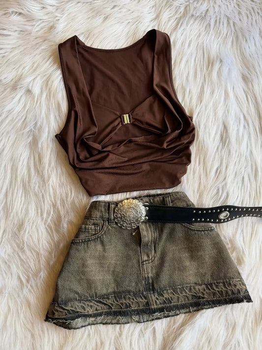 Sexy Gothic Womens Sling and Mini Skirt 2 Piece Set Y2k Retro Wash Denim Short Skirts A-line Skirt Women Off Shoulder Vest Suit