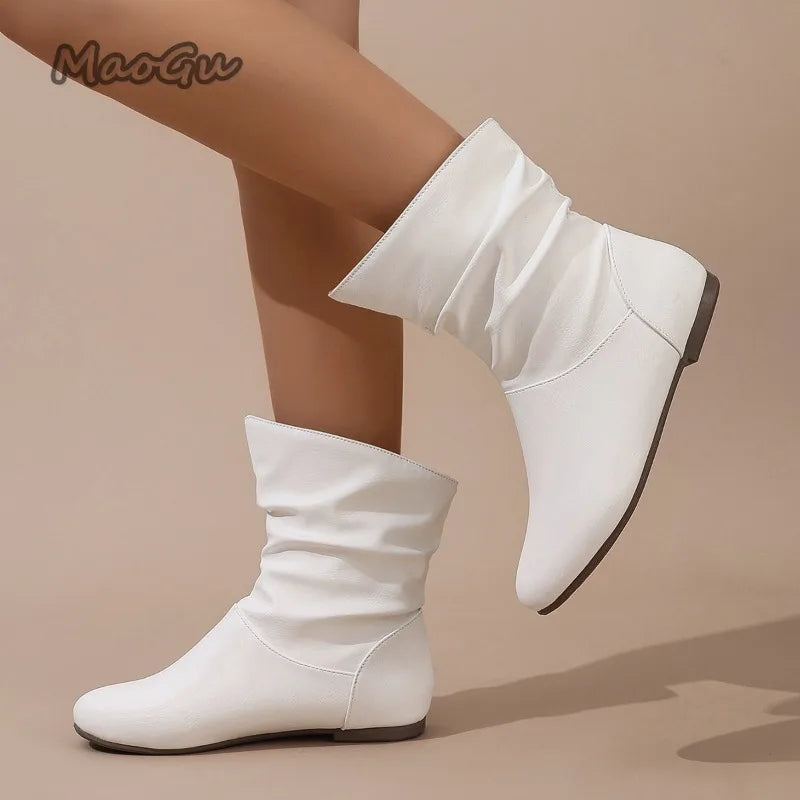Modern Pleated Leather Square Heel Boots For Women