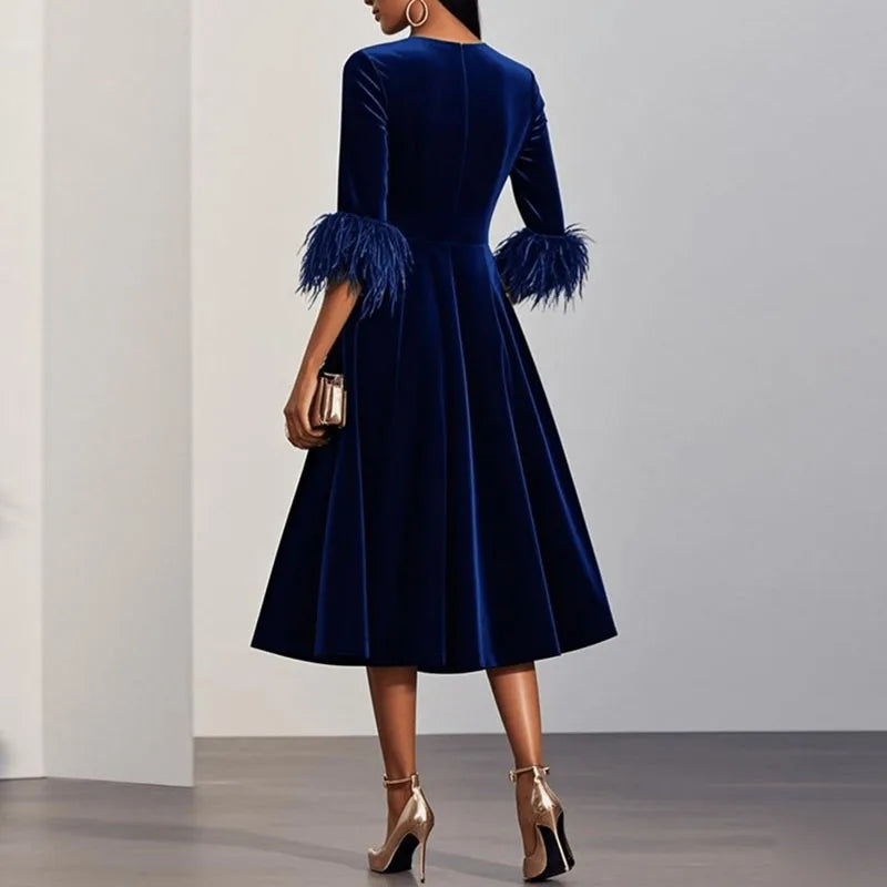 Elegant Feather Trim Velvet A-Line Party Dress for Women