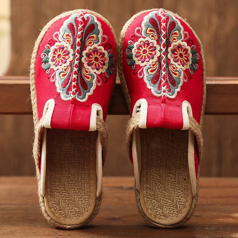 Embroidered Floral Retro Handmade Slides for Women