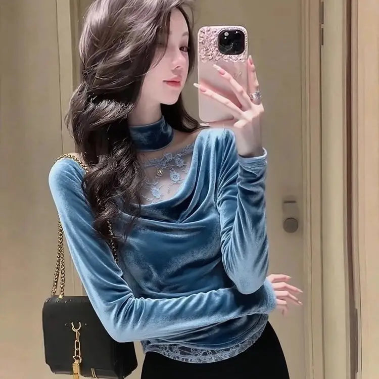 Elegant Blue Velvet Lace Trim Slim Fit Blouse For Women