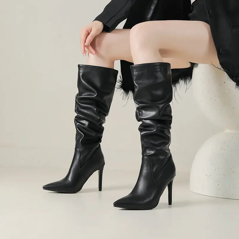 Pleated Stiletto Pointed Toe Boots
