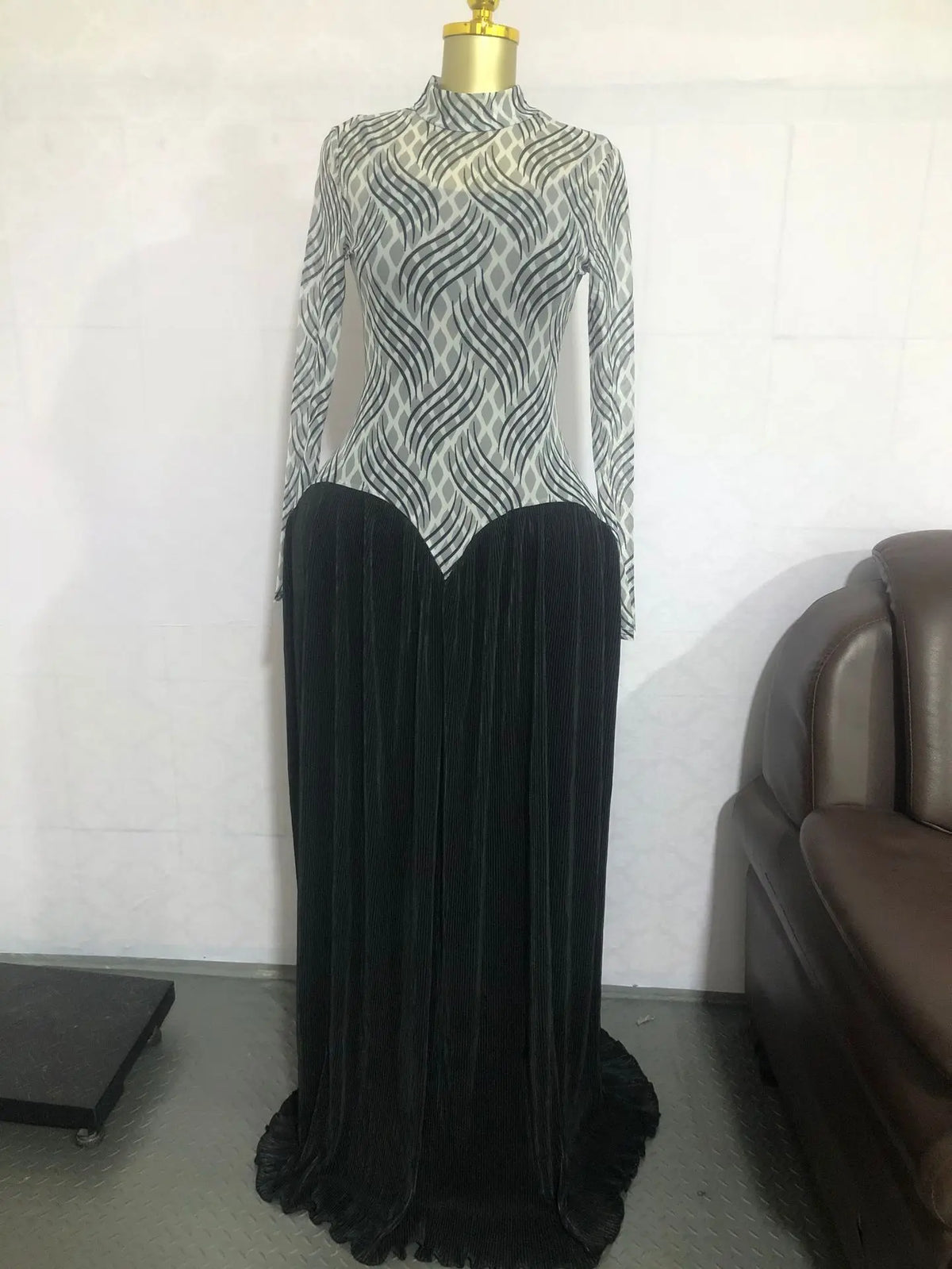 Pleated Stand Collar Maxi Dress With Long Sleeves for Women