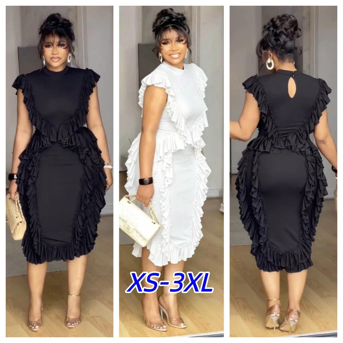 Vintage Ruffle Trim Sleeveless Midi Dress For Women