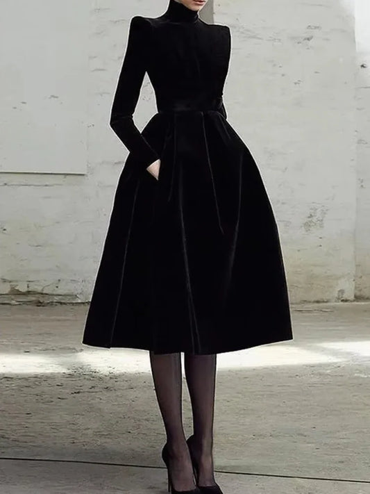 Beautyblue Womens Evening Dresses High Neck Midi Dress New Black Long Sleeves Elegant Party Dress for Female Casual Gathering