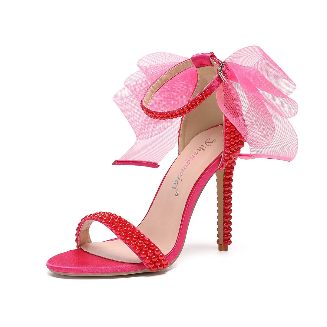 Elegant Pearl Beaded Mesh Bowknot Sandals for Women