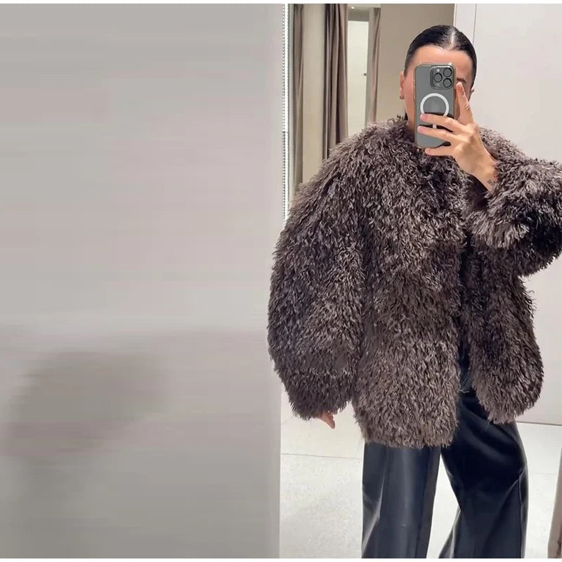 Vintage Women's Fur Coat Elegant Open Collar Thicken Full Sleeve Jacket With Furs Female 2025 New Autumn Winter Woman Clothes