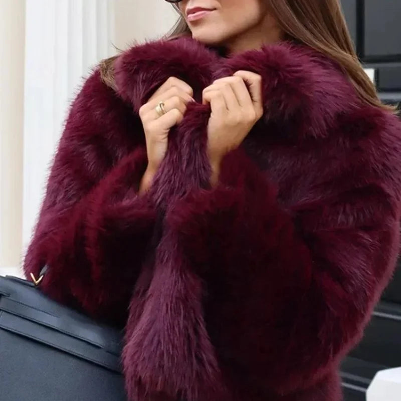 Burgundy Faux Fur Coat Vintage Long Sleeve Furry Warm Jacket Casual Fashion Women Coats 2025 Autumn High Street Lady Outerwear