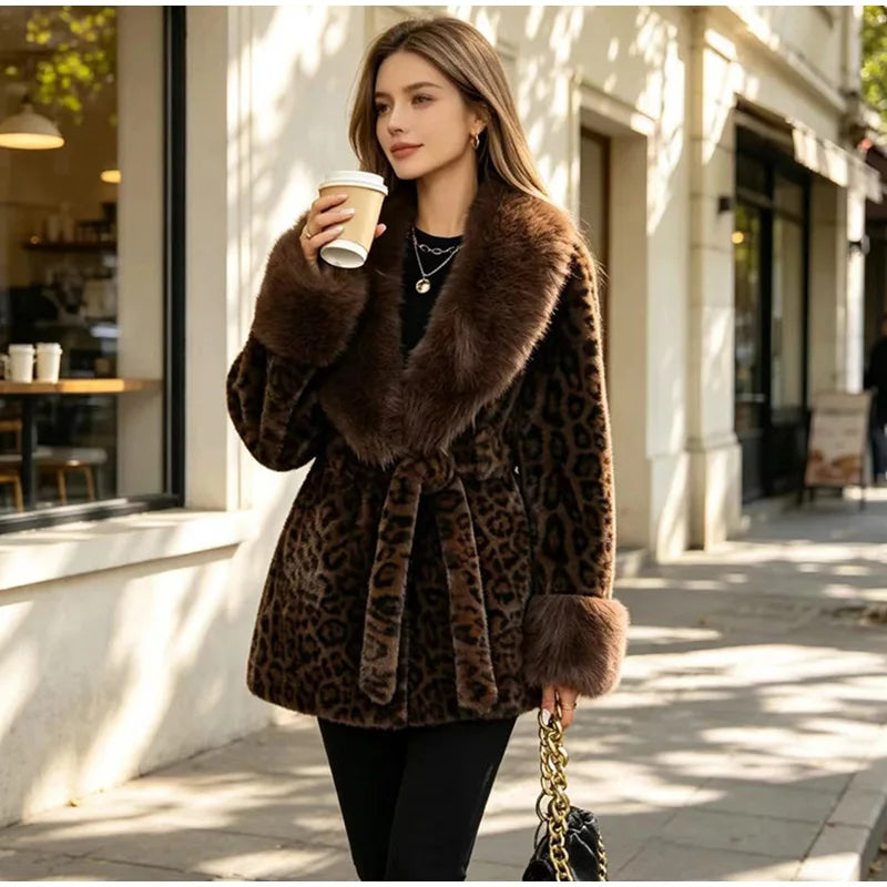 Leopard Print Faux Fur Patchwork Winter Overcoat for Women