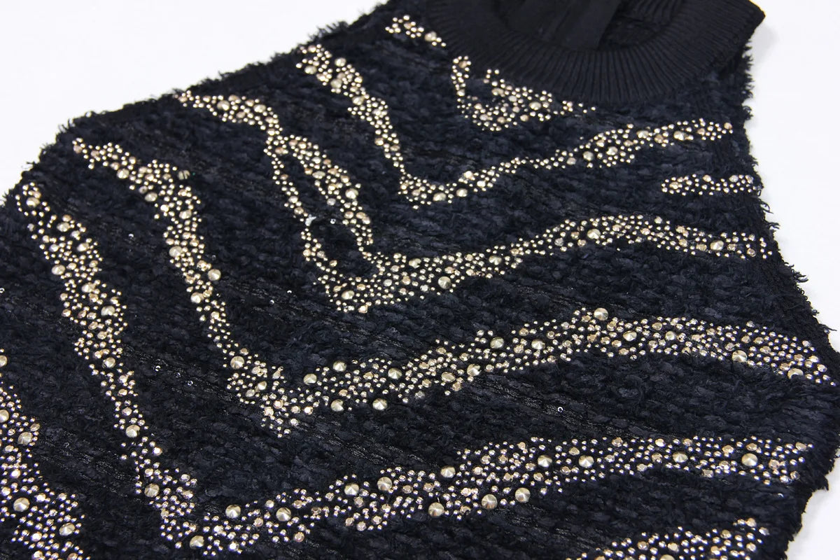 2025 Autumn New Heavy Knitted Hot Diamond Long-sleeved Jacket Sexy Vest + Skirt Set Light Luxury Party Women Three-piece Set