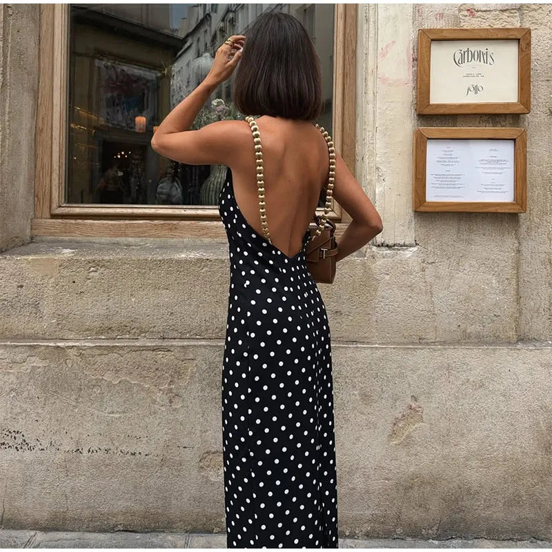 Polka Dots Backless Sleeveless Beaded Square Collar Long Dress for Women