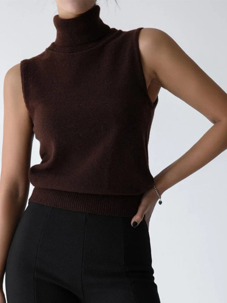 Slim Fit Knit Sleeveless Turtleneck Tank Top for Women