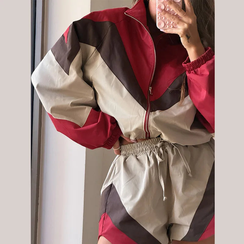 Contrast Color Zip Jacket and Shorts Two Piece Set for Women