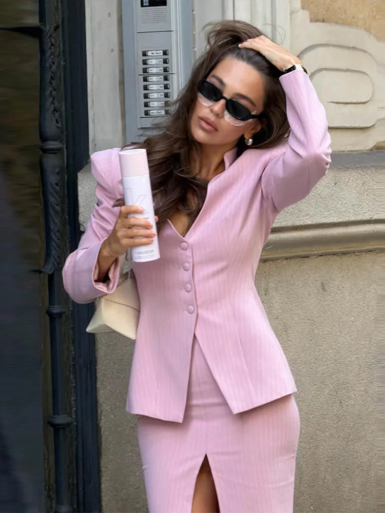 Elegant Striped V Neck Blazer Skirt Set With Long Sleeve Button Top for Women