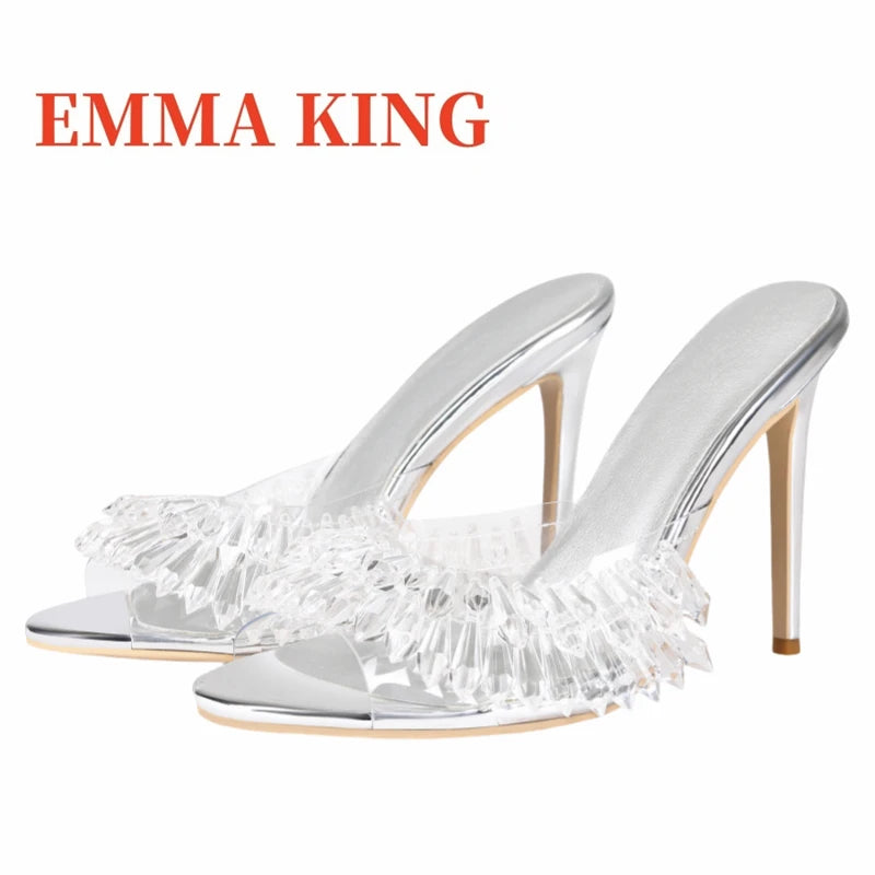 Clear PVC High Heel Beaded Open Toe Mules for Women