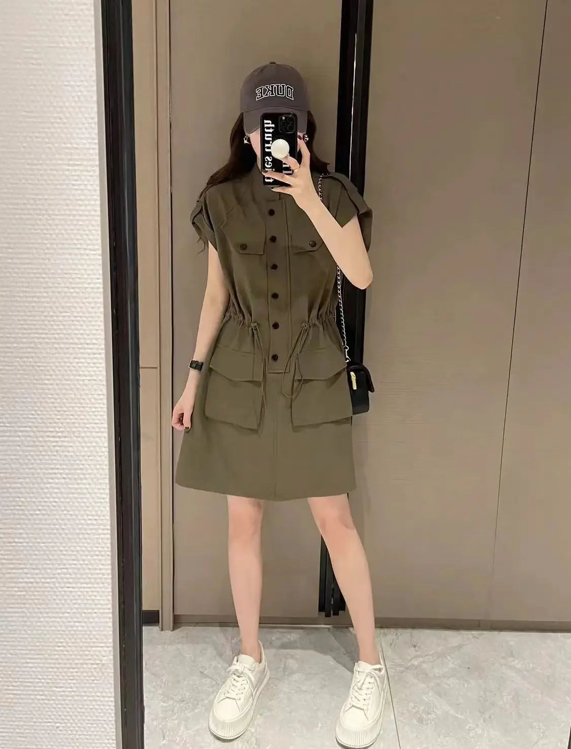 European Retro Stand Collar Drawstring Midi Dress for Women