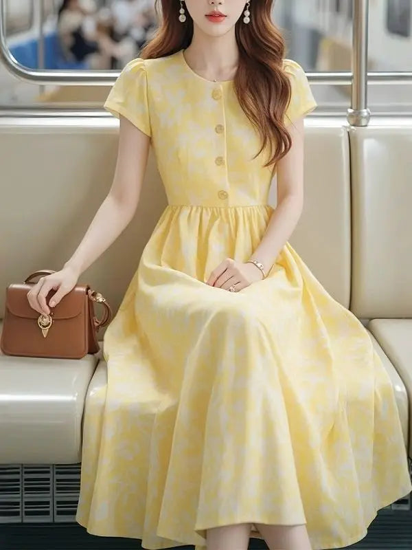 Lightweight Yellow Print Midi Dress With Cinched Waist for Women